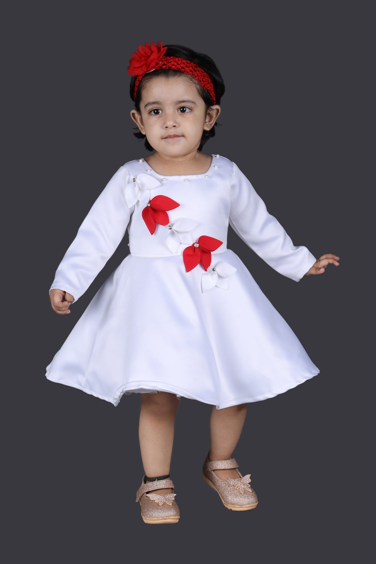 Full Sleeves Fit and Flare Satin Party Frock (White)