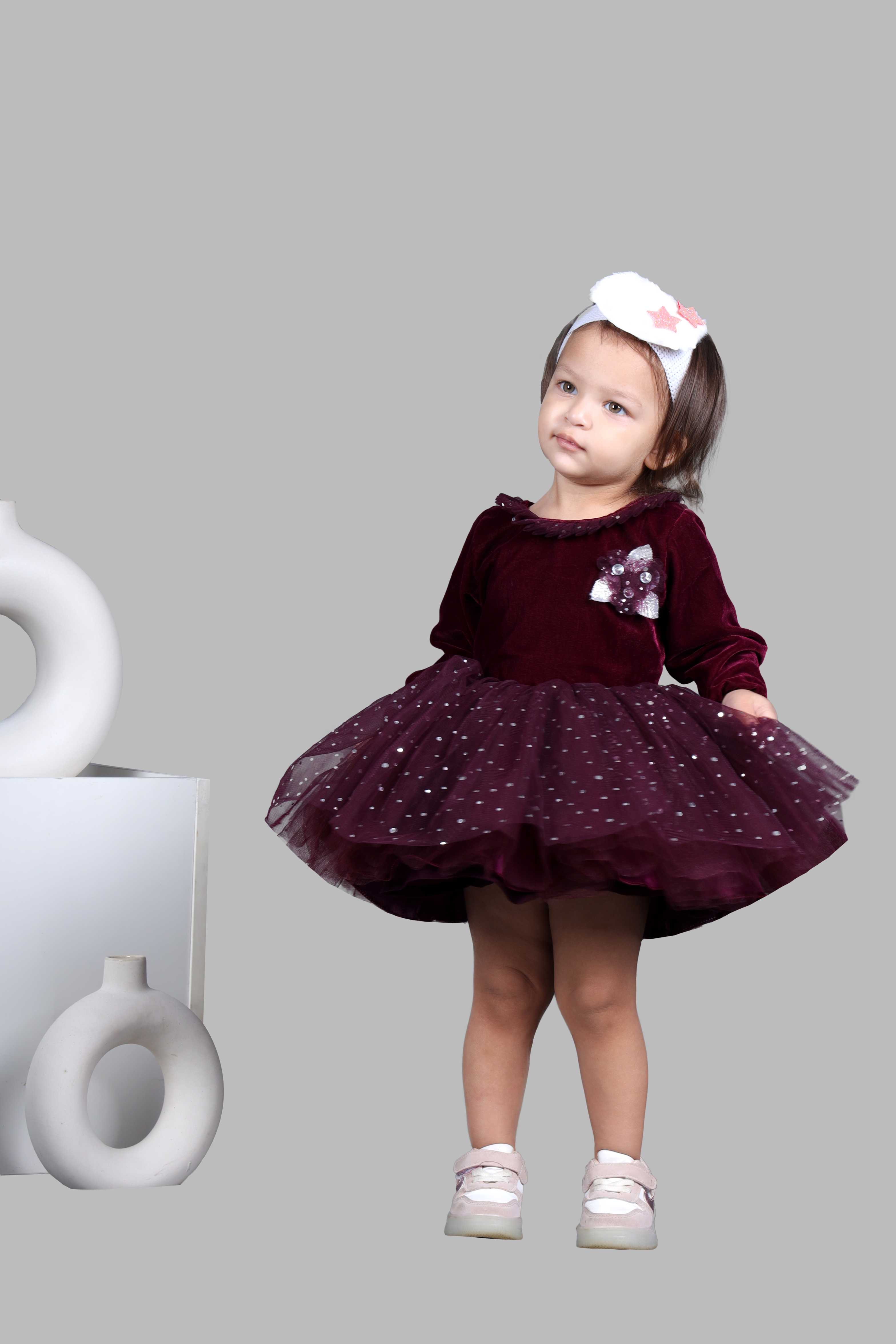 Full Sleeves Velvet Fit and Flare Party Frock (Wine)