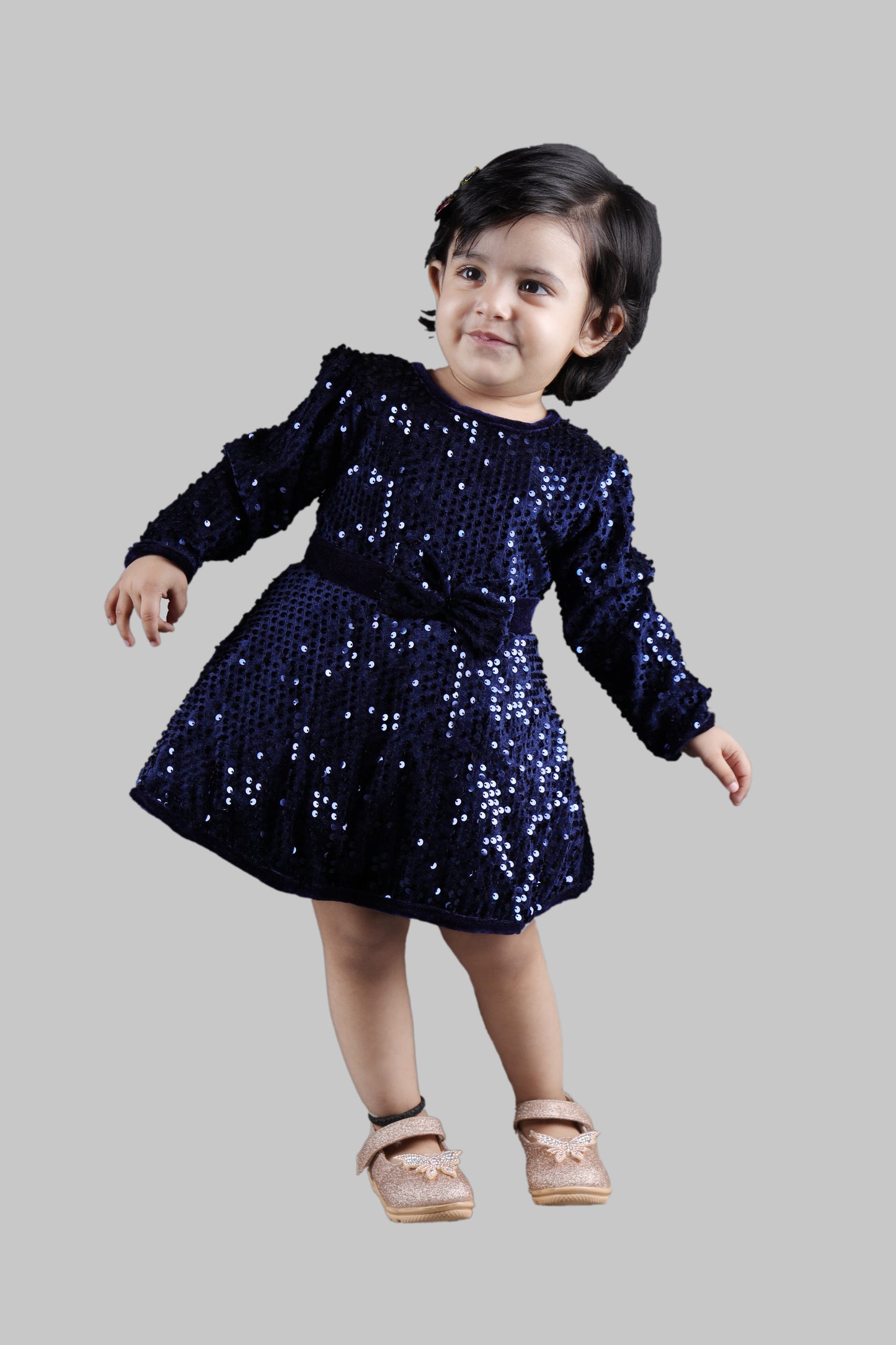 Full Sleeves Fit and Flare Velvet Party Frock (Blue)
