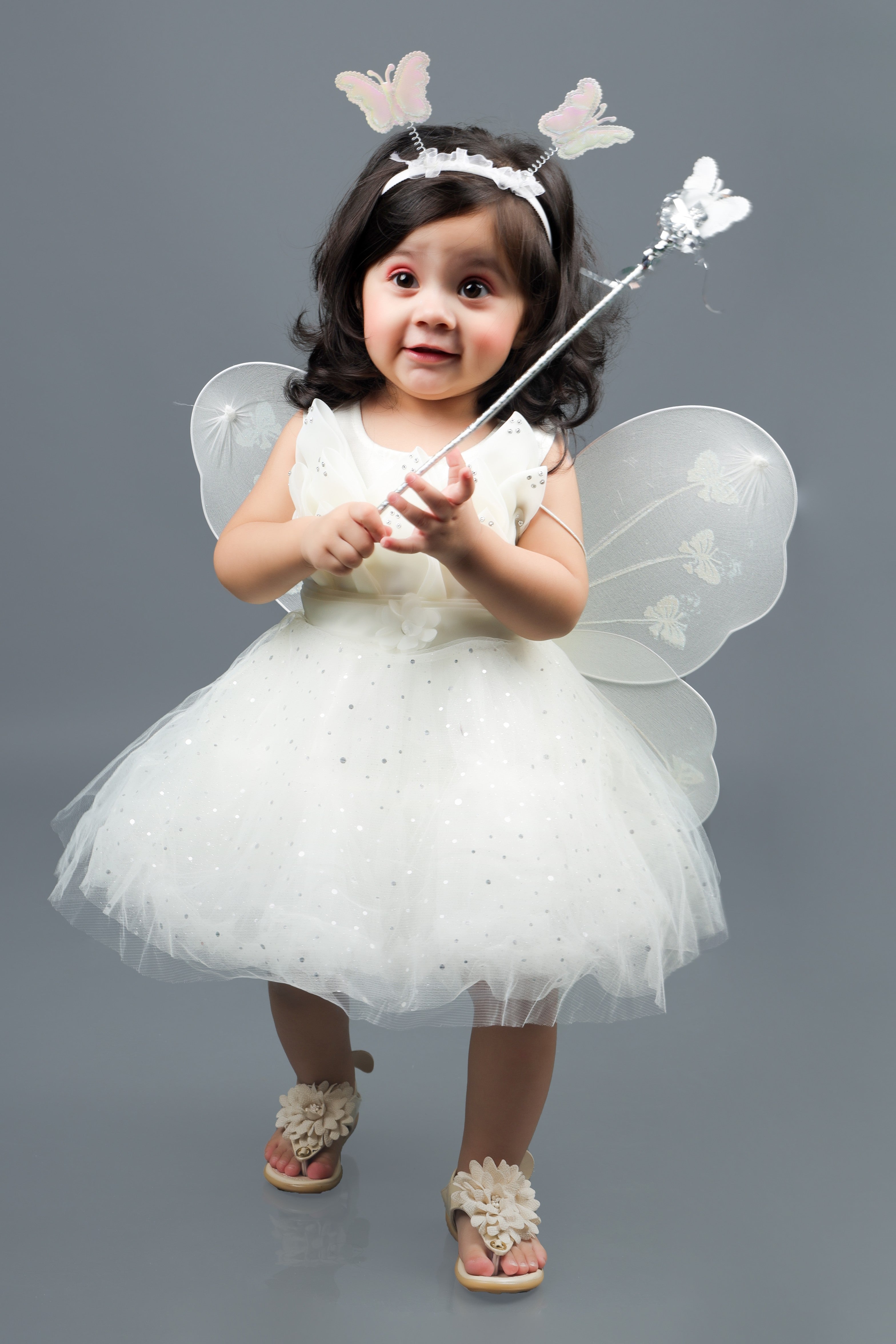 Applique Fit & Flare leaf Frock With Wings (White)