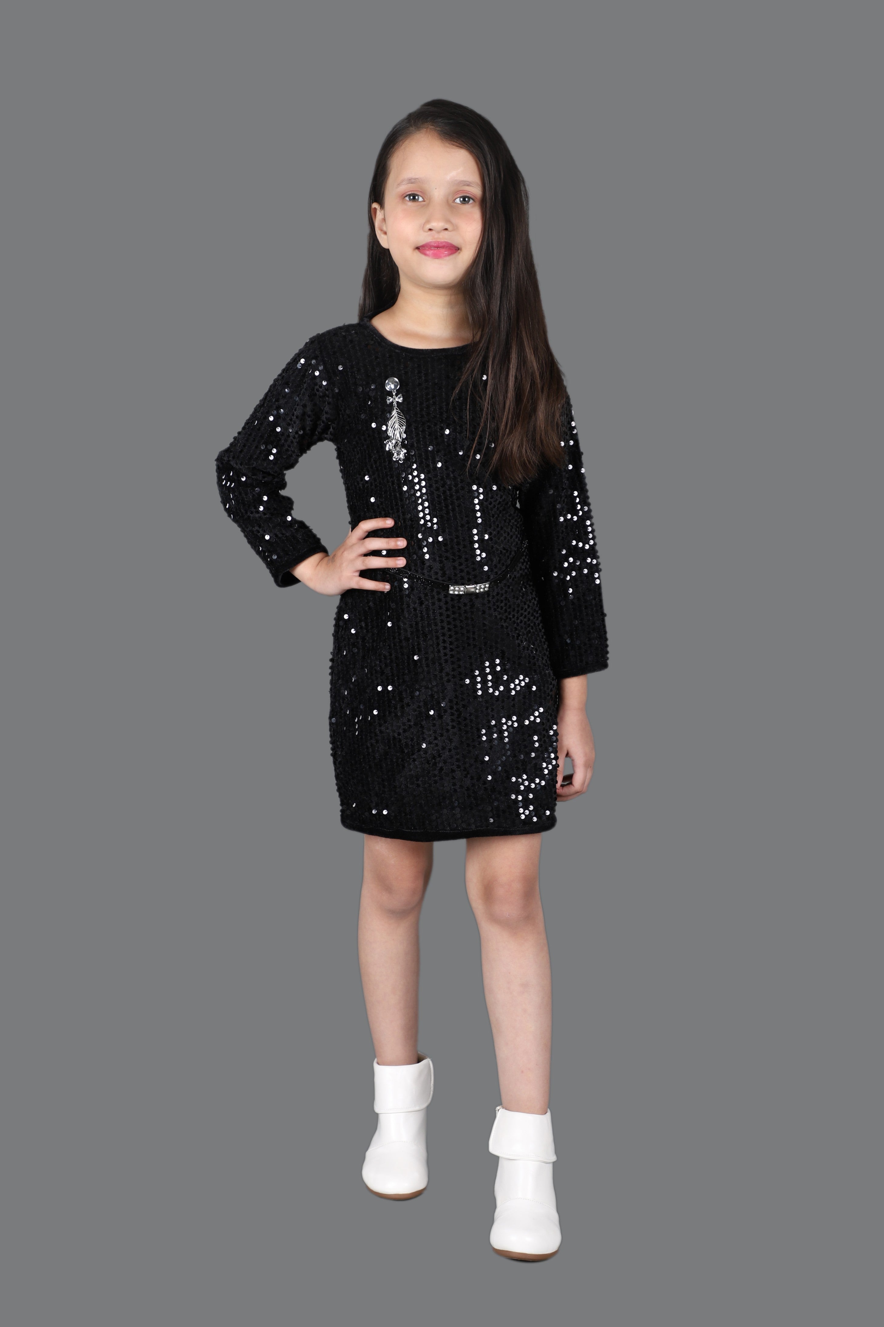 Full Sleeves Sequined Velvet Midi with Adjustable Belt (Black)