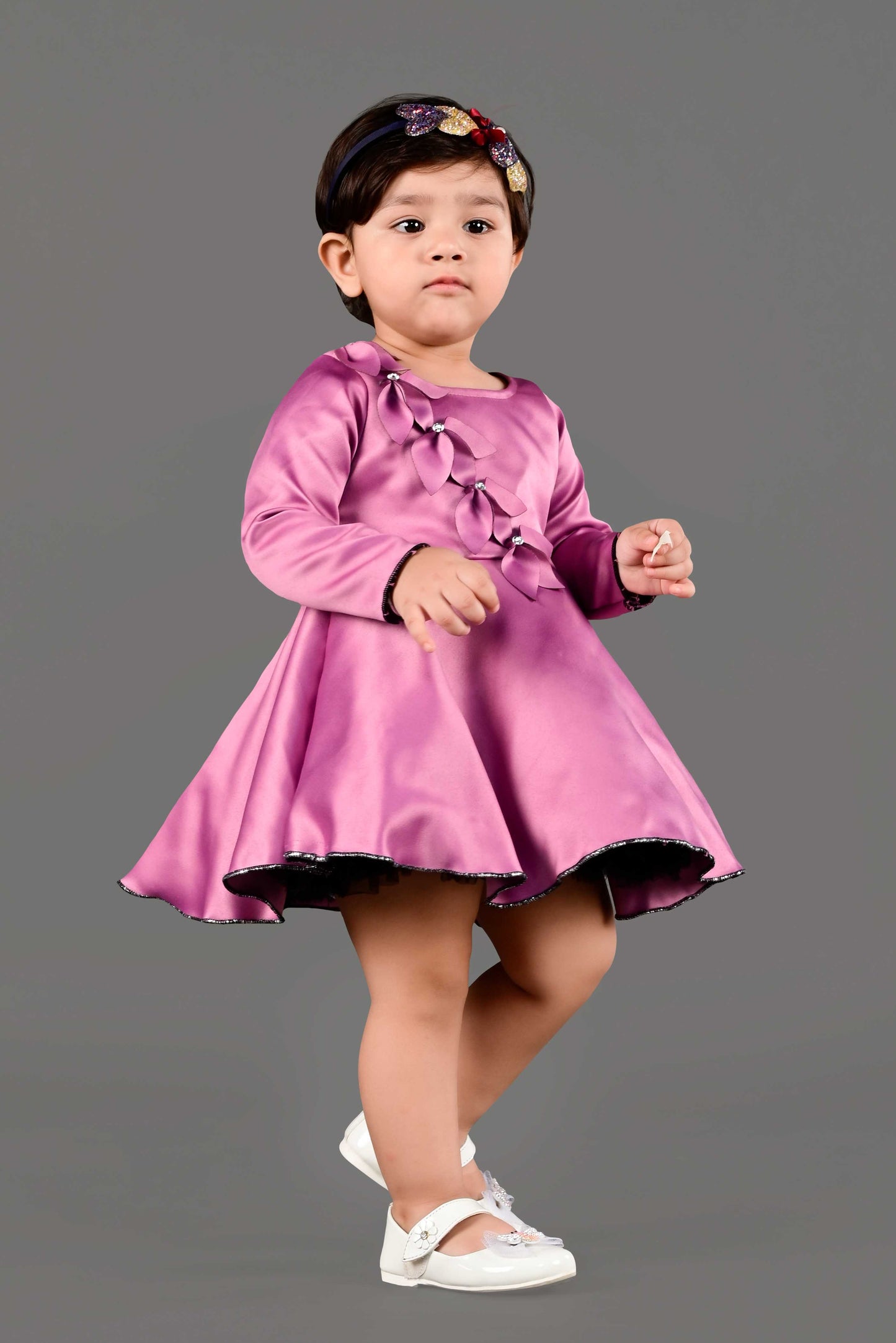 Full Sleeves Fit and Flare Satin Party Frock (Mauve)