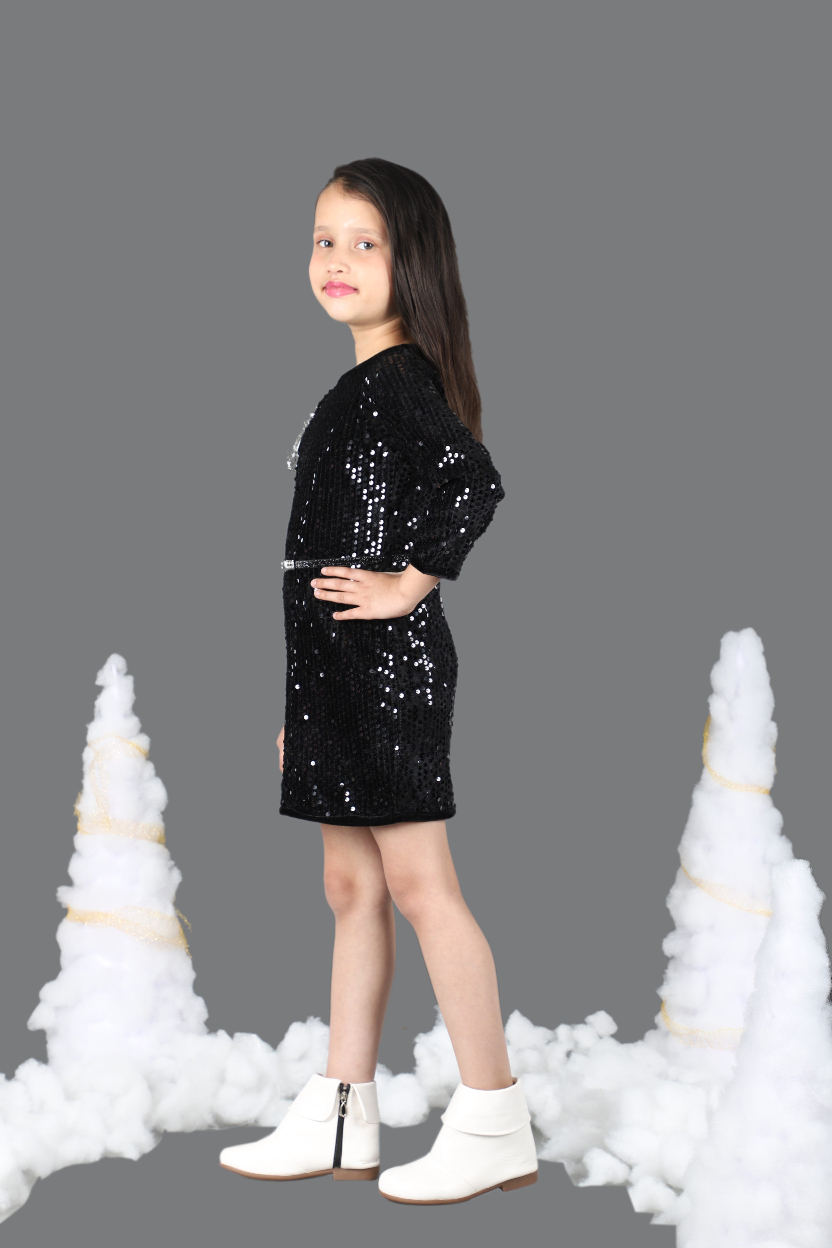 Full Sleeves Sequined Velvet Midi with Adjustable Belt (Black)