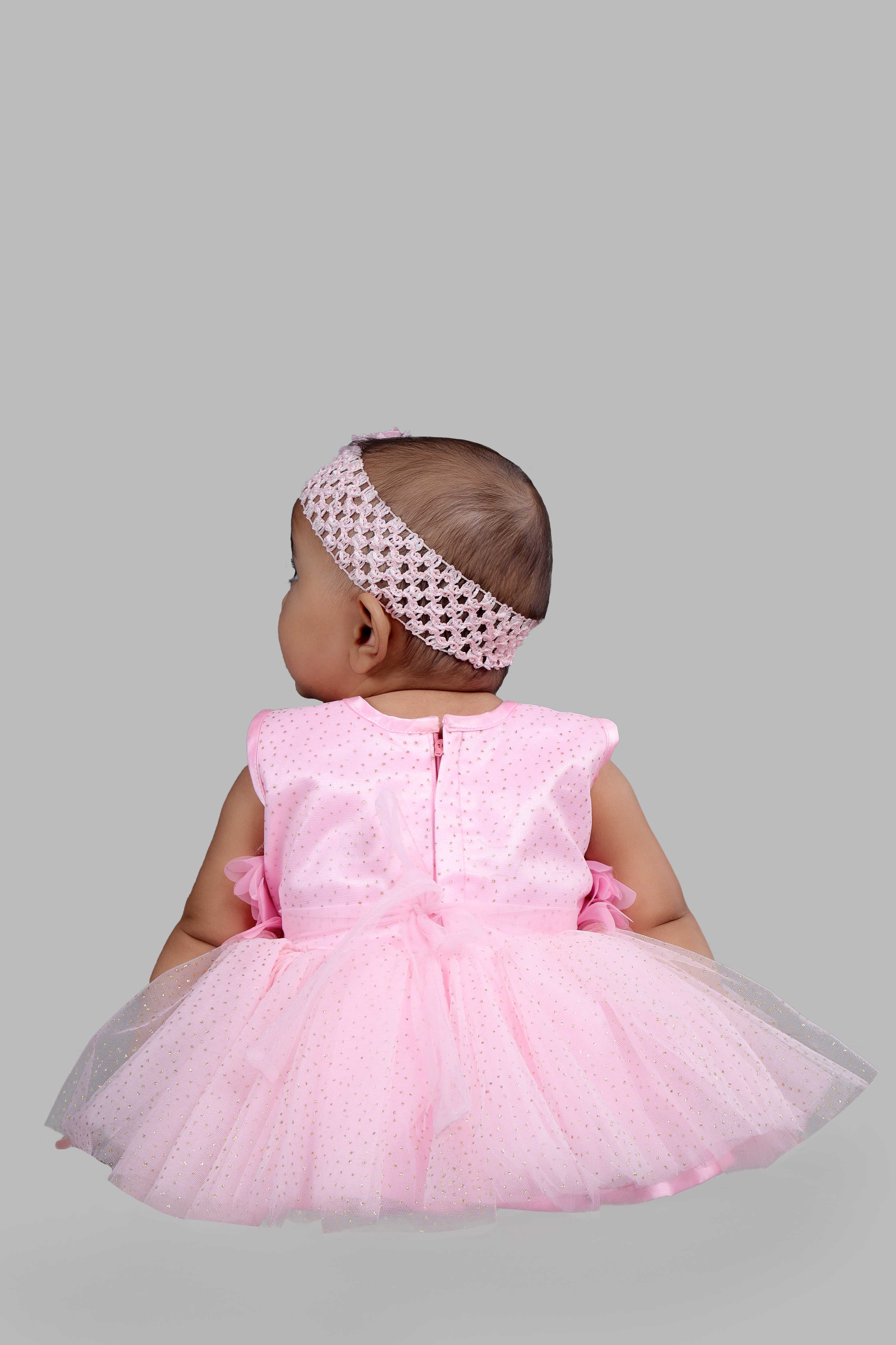 Sleeveless Fit and Flare Net Party Frock (Pink)