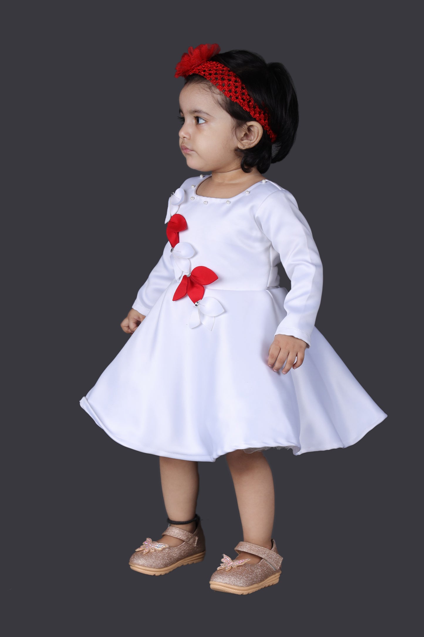 Full Sleeves Fit and Flare Satin Party Frock (White)