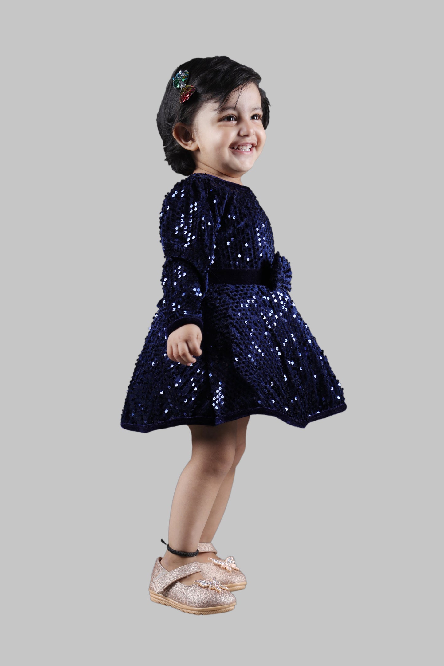 Full Sleeves Fit and Flare Velvet Party Frock (Blue)