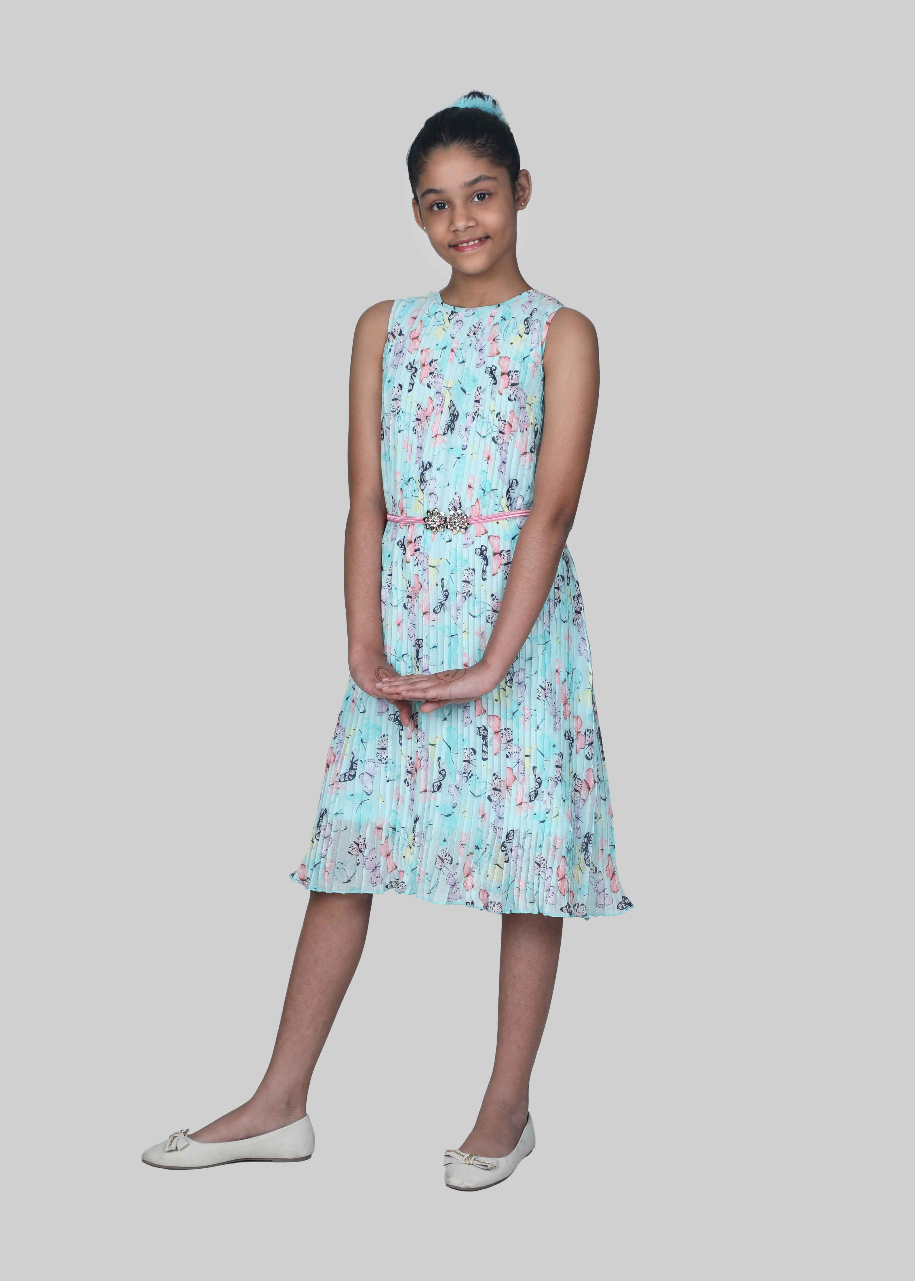 Printed Dress With Belt (Light Green)