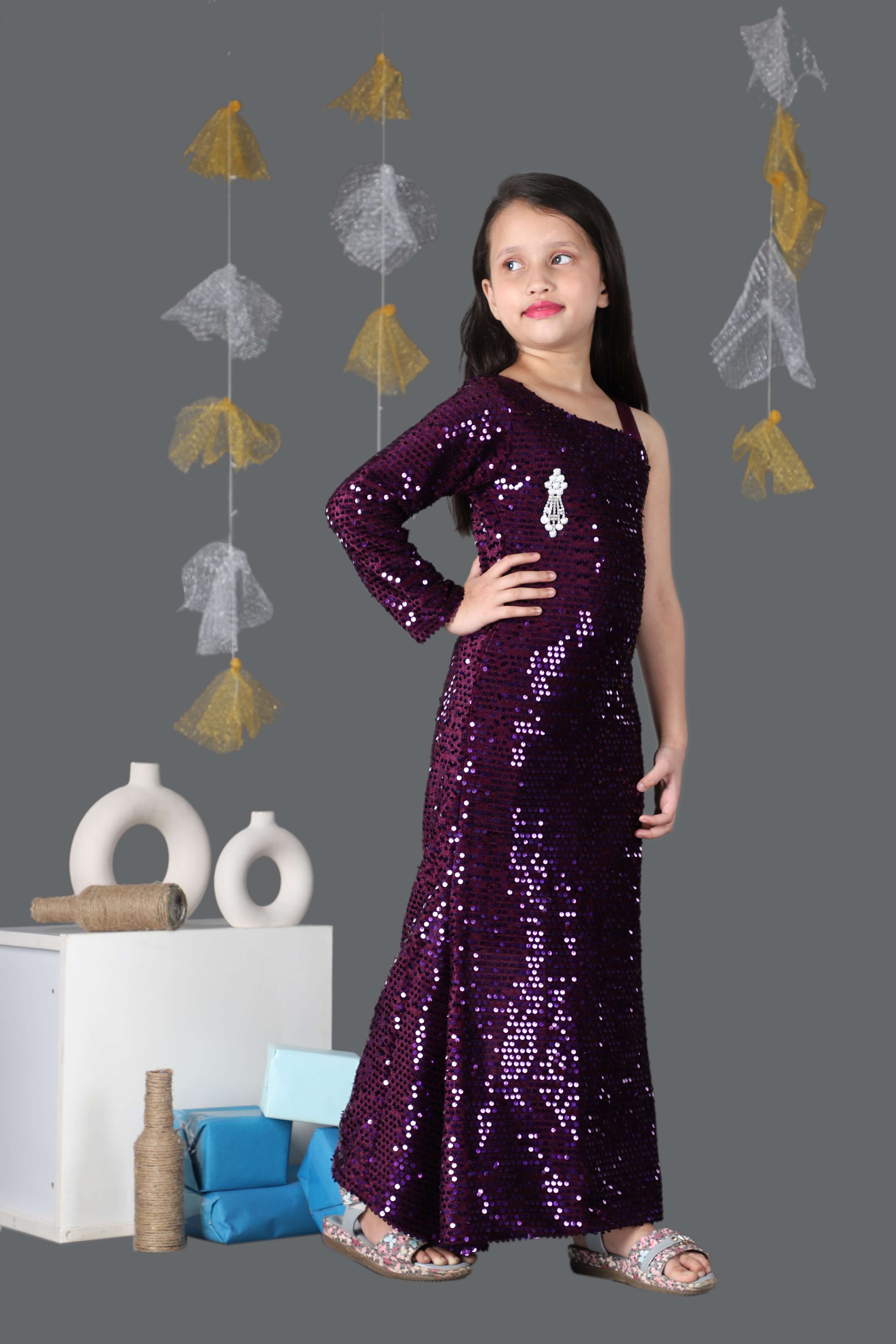 Full Sleeves Velvet Fish Cut Embellished Gown (Burgundy)