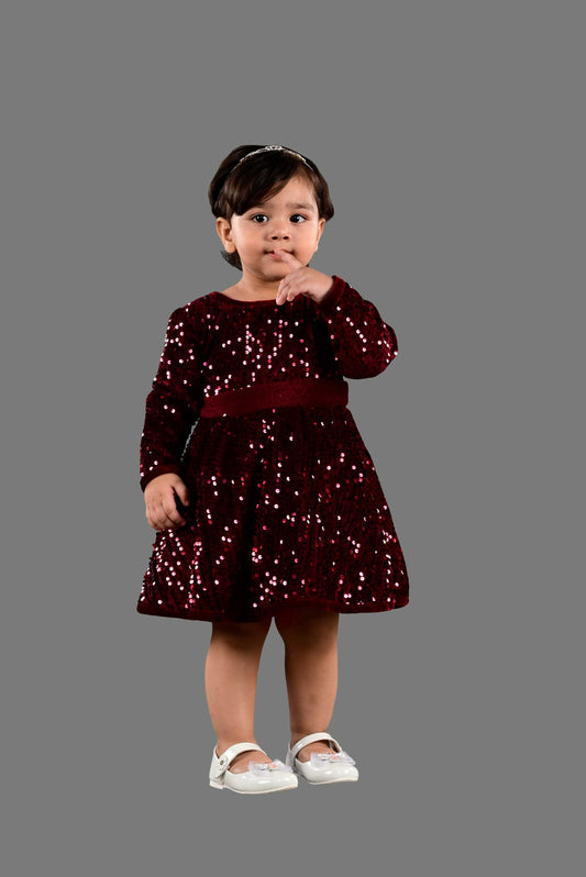Full Sleeves Fit and Flare Velvet Party Frock (Maroon)