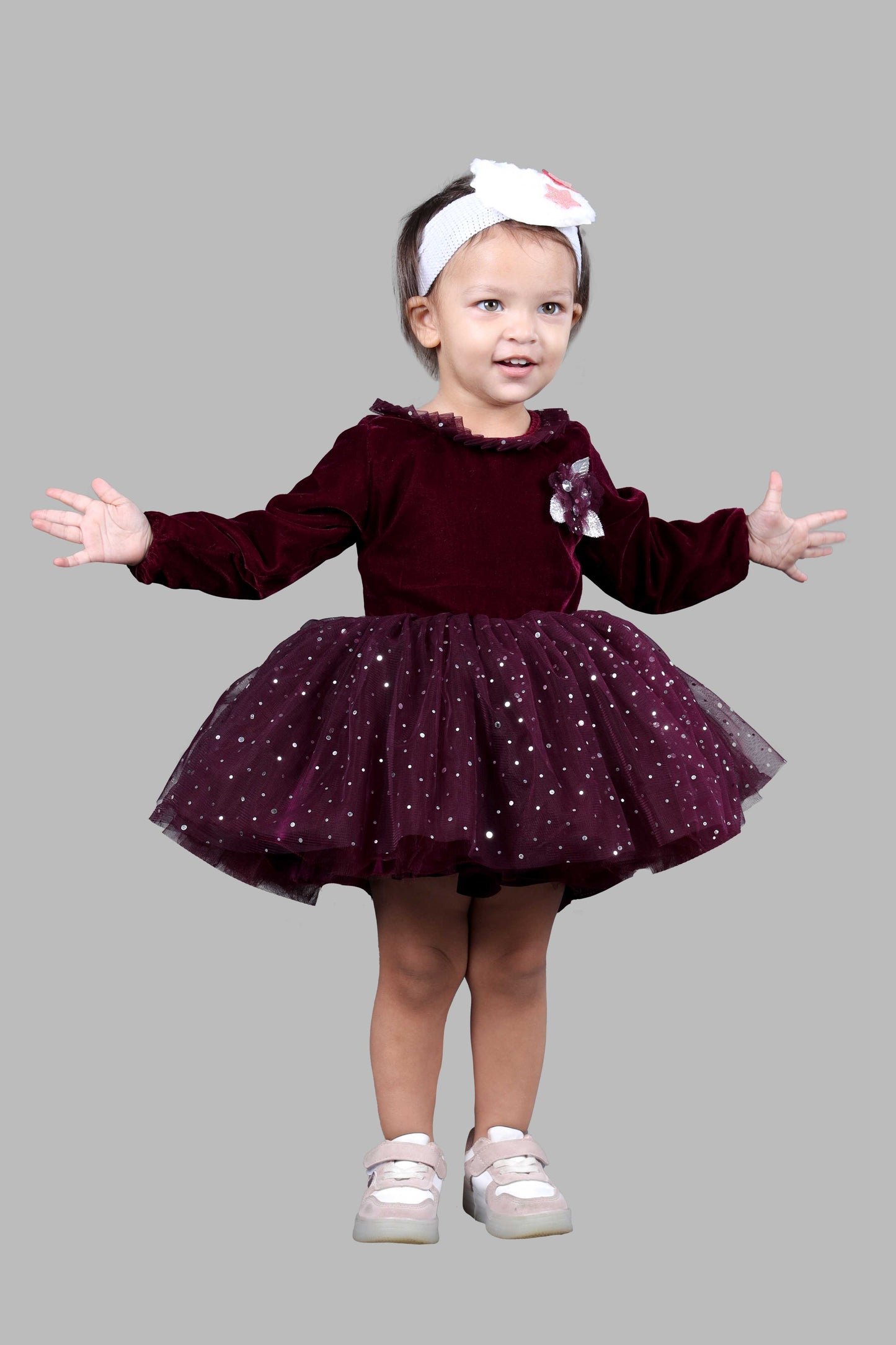 Full Sleeves Velvet Fit and Flare Party Frock (Wine)