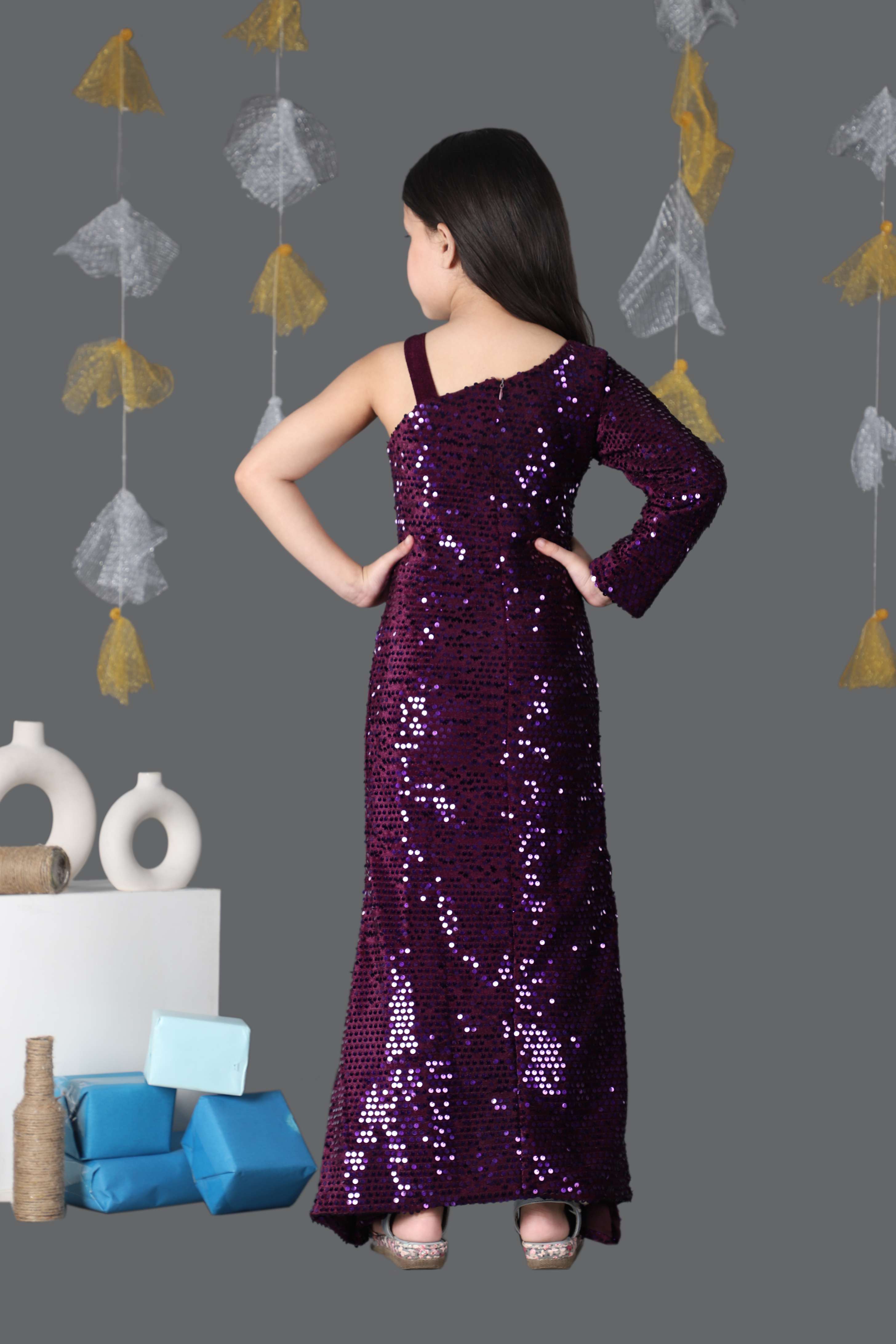 Full Sleeves Velvet Fish Cut Embellished Gown (Burgundy)
