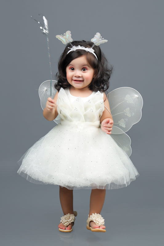 Applique Fit & Flare leaf Frock With Wings (White)