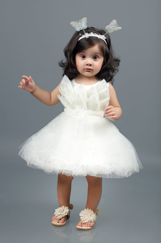 Applique Fit and Flare Leaf Frock (White)