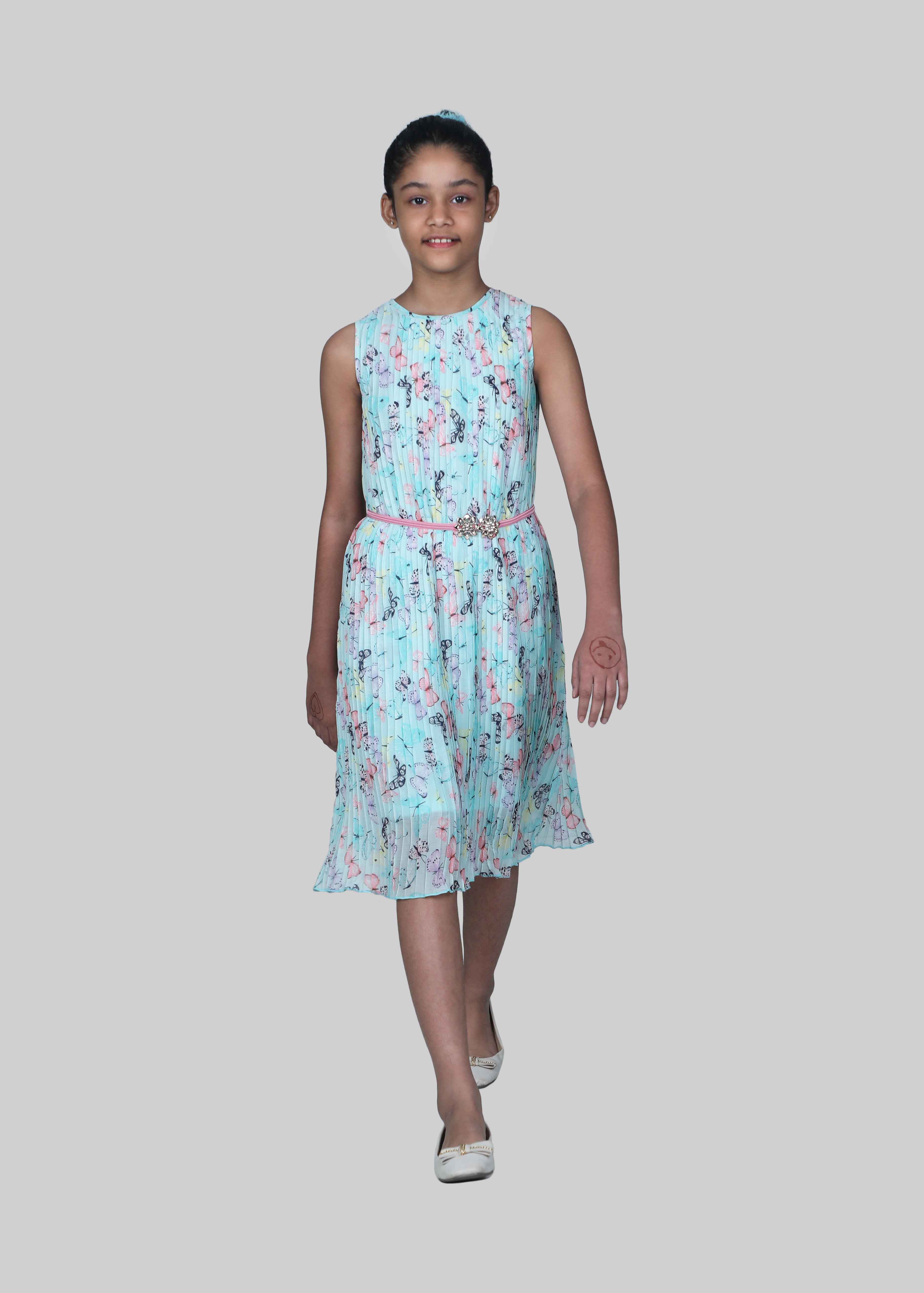 Printed Dress With Belt (Light Green)