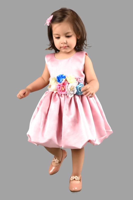 Satin Solid Frock with Detachable Flower Belt (Pink)
