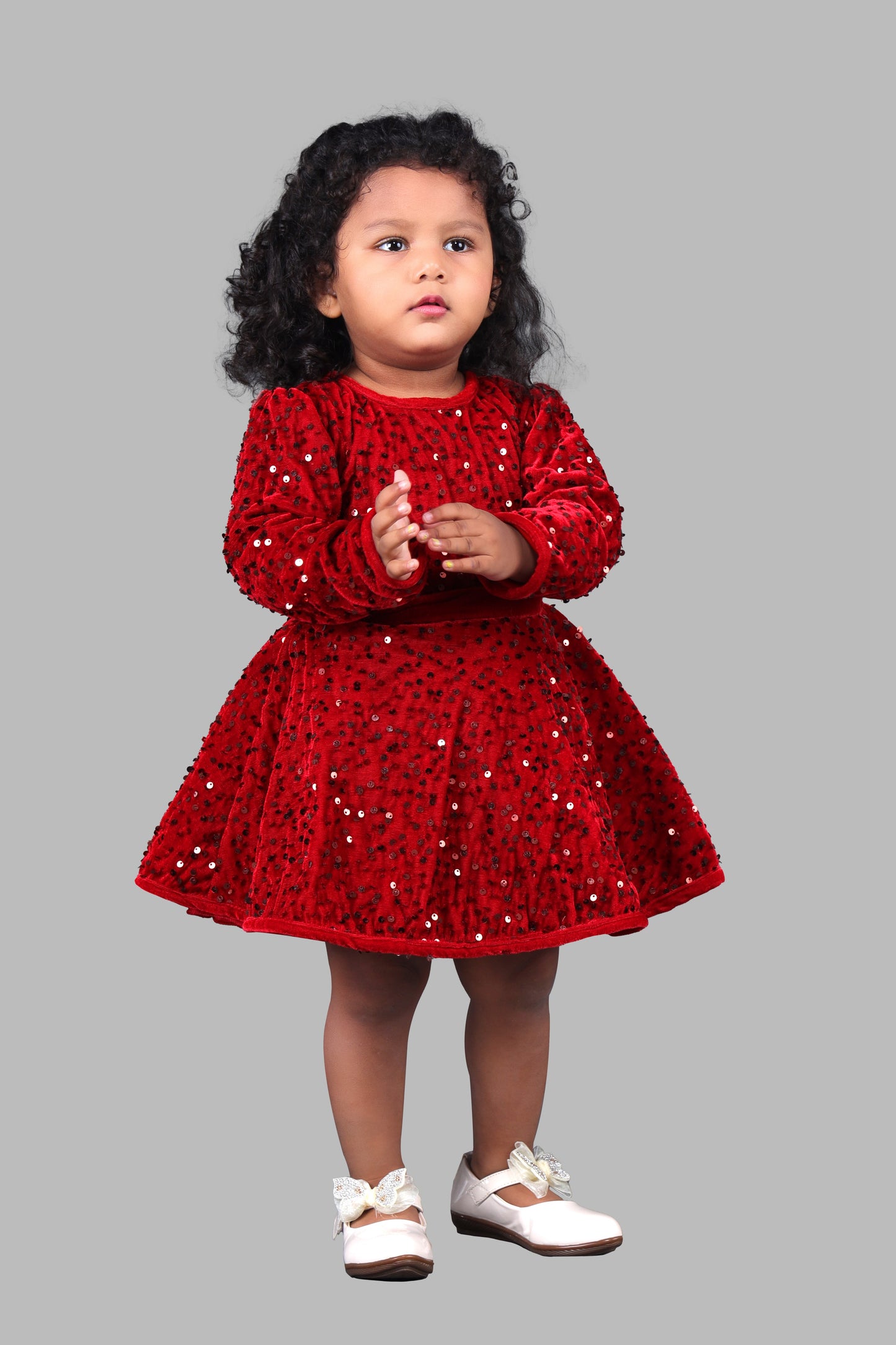Velvet Sequined  Fit & Flare Party Frock (Red)