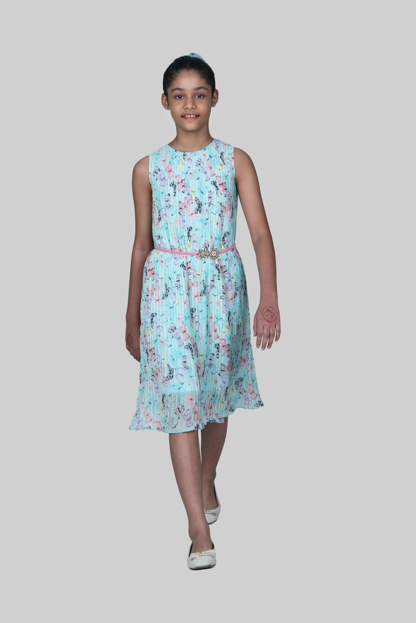 Printed Dress With Belt (Light Green)
