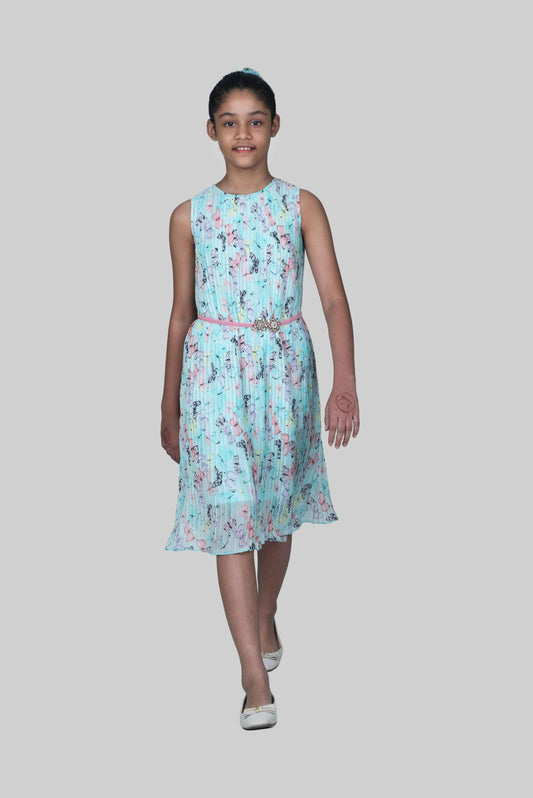 Printed Dress With Belt (Light Green)