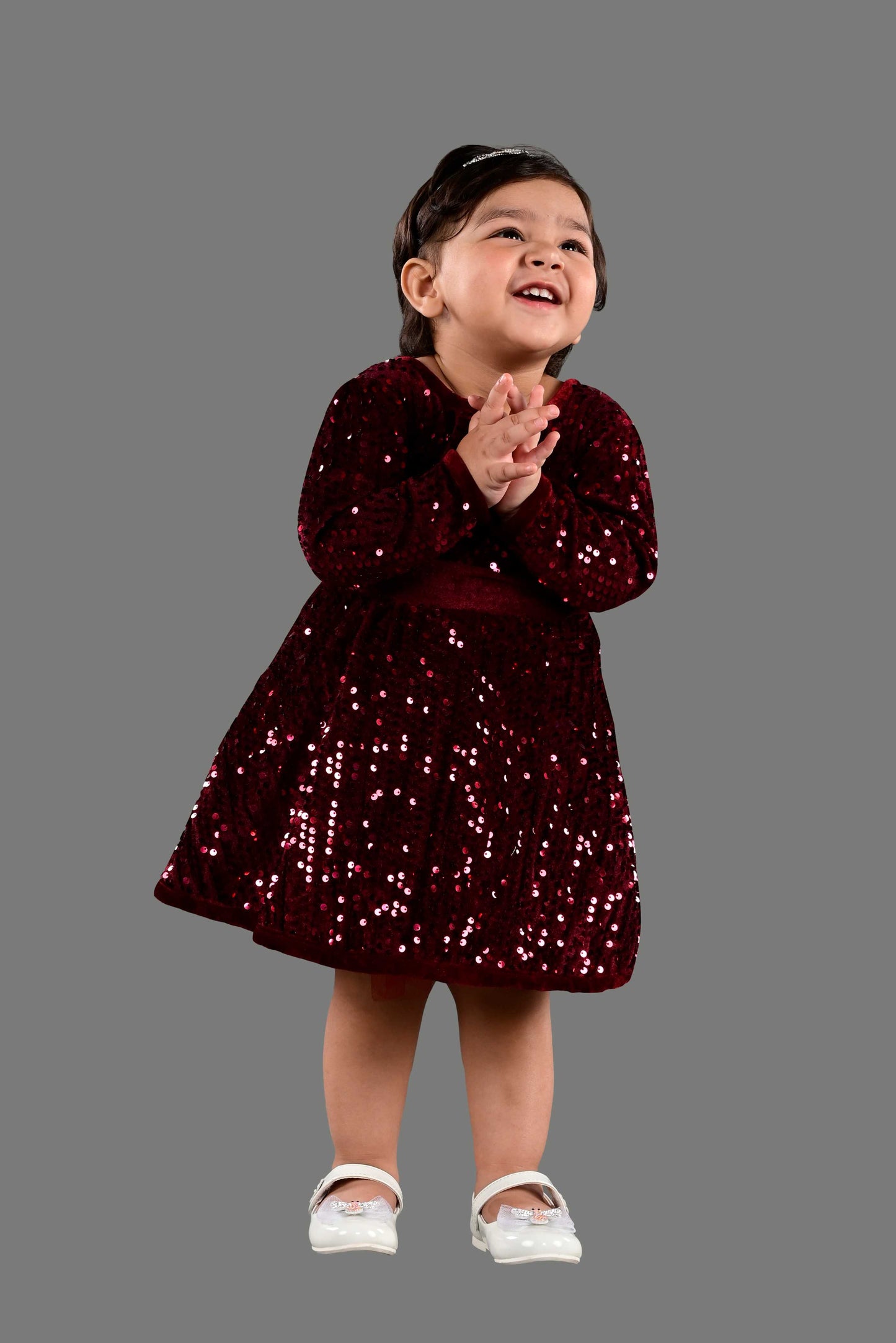Full Sleeves Fit and Flare Velvet Party Frock (Maroon)
