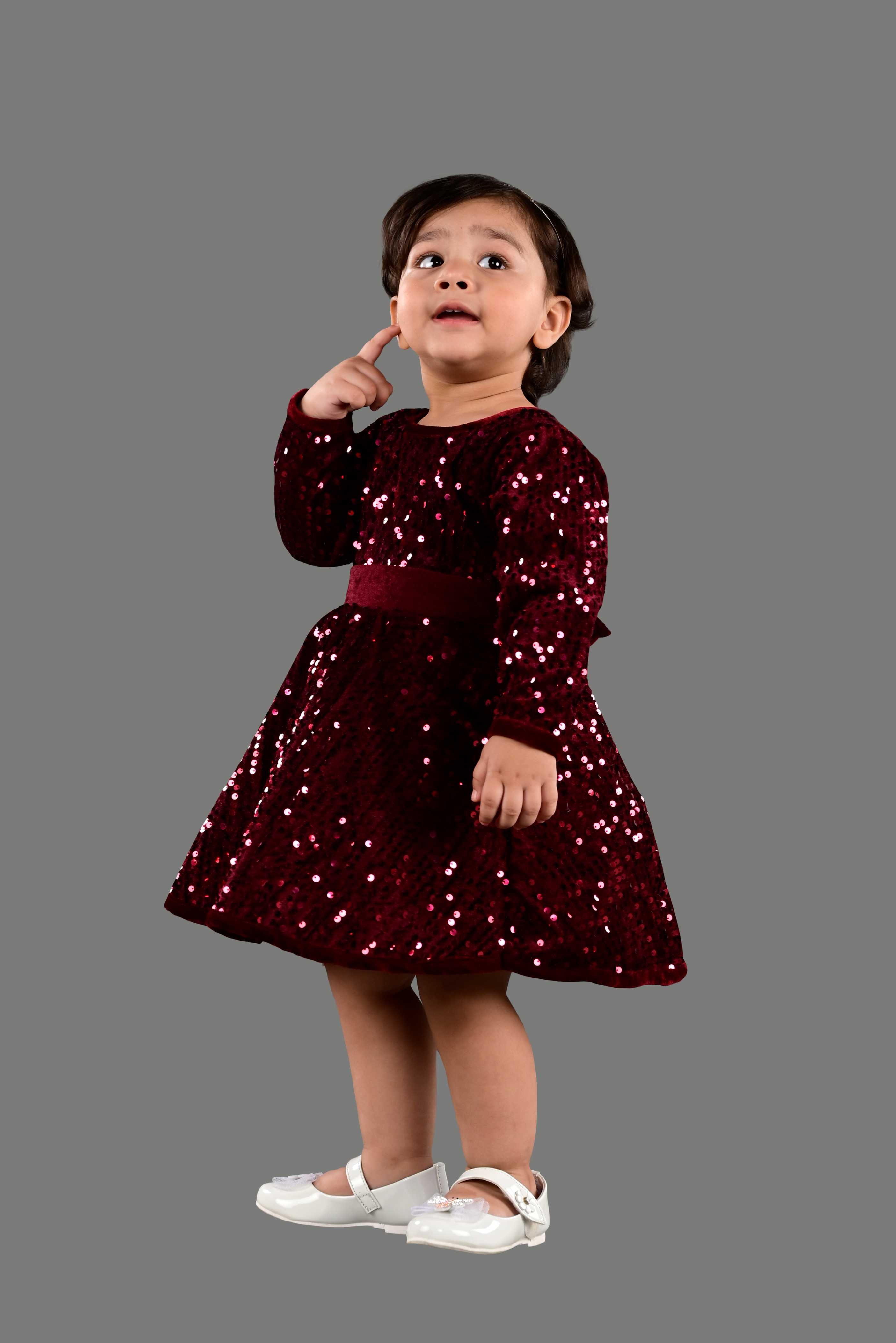 Full Sleeves Fit and Flare Velvet Party Frock (Maroon)