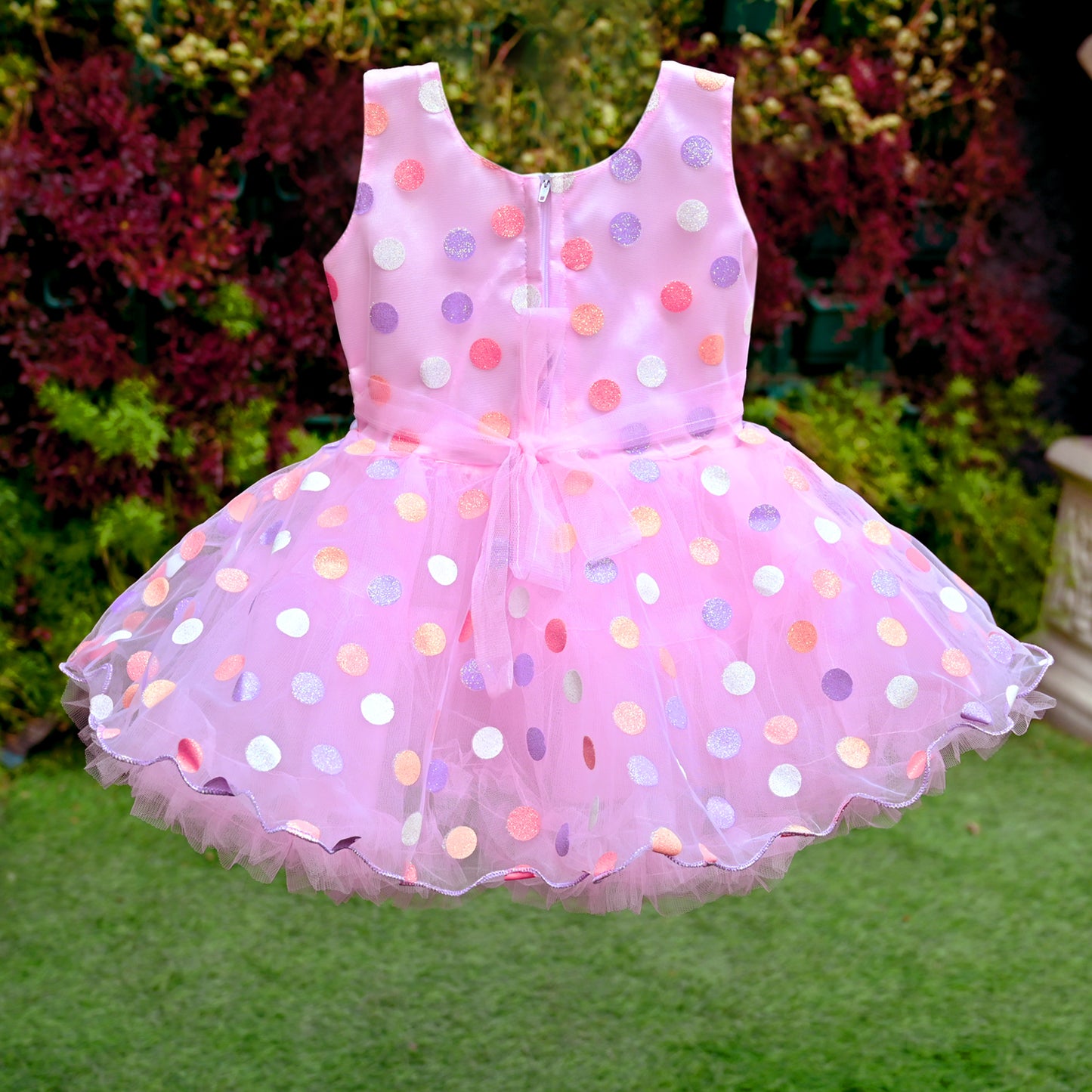 Polka Net Baby Party Frock (Pink)