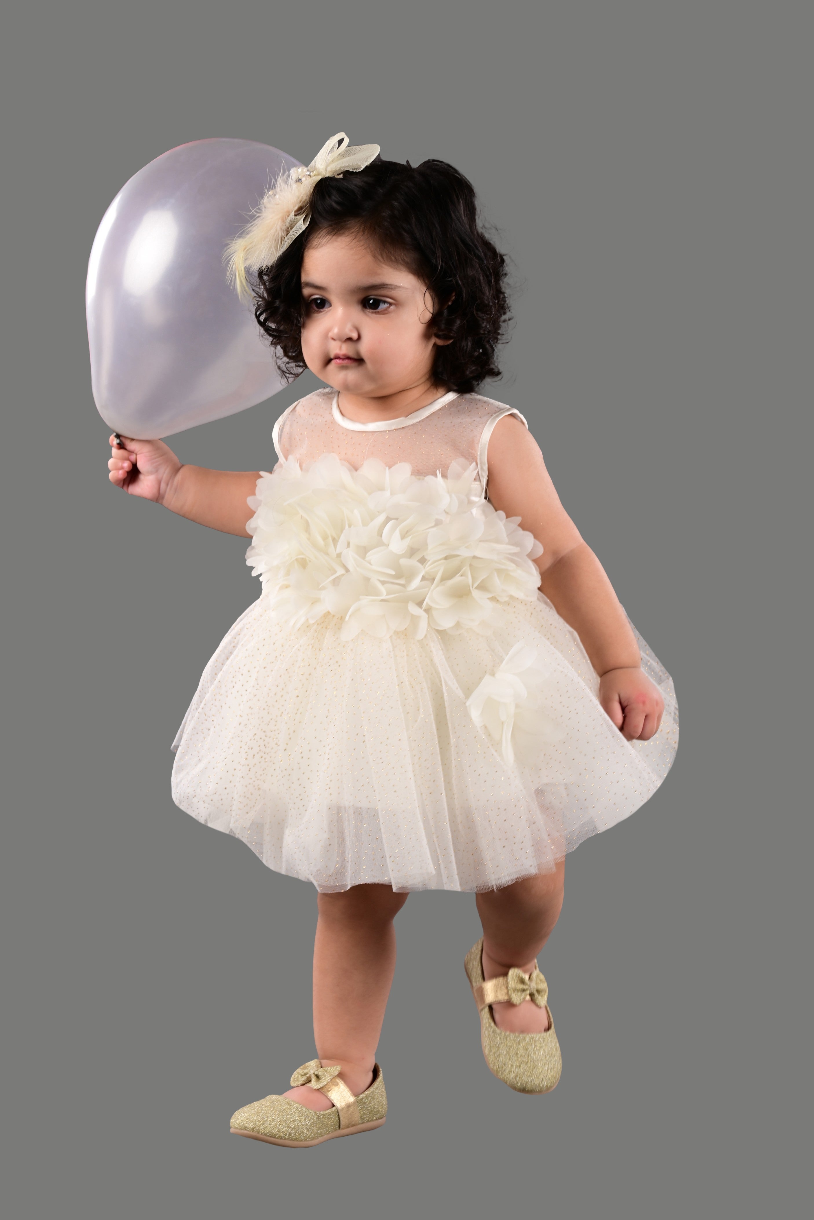 Sleeveless Fit and Flare Net Party Frock (Cream)