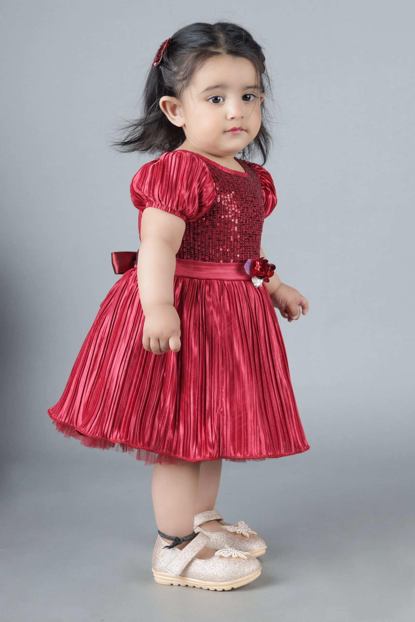 Pleated Fit & Flare Net frock (Red)