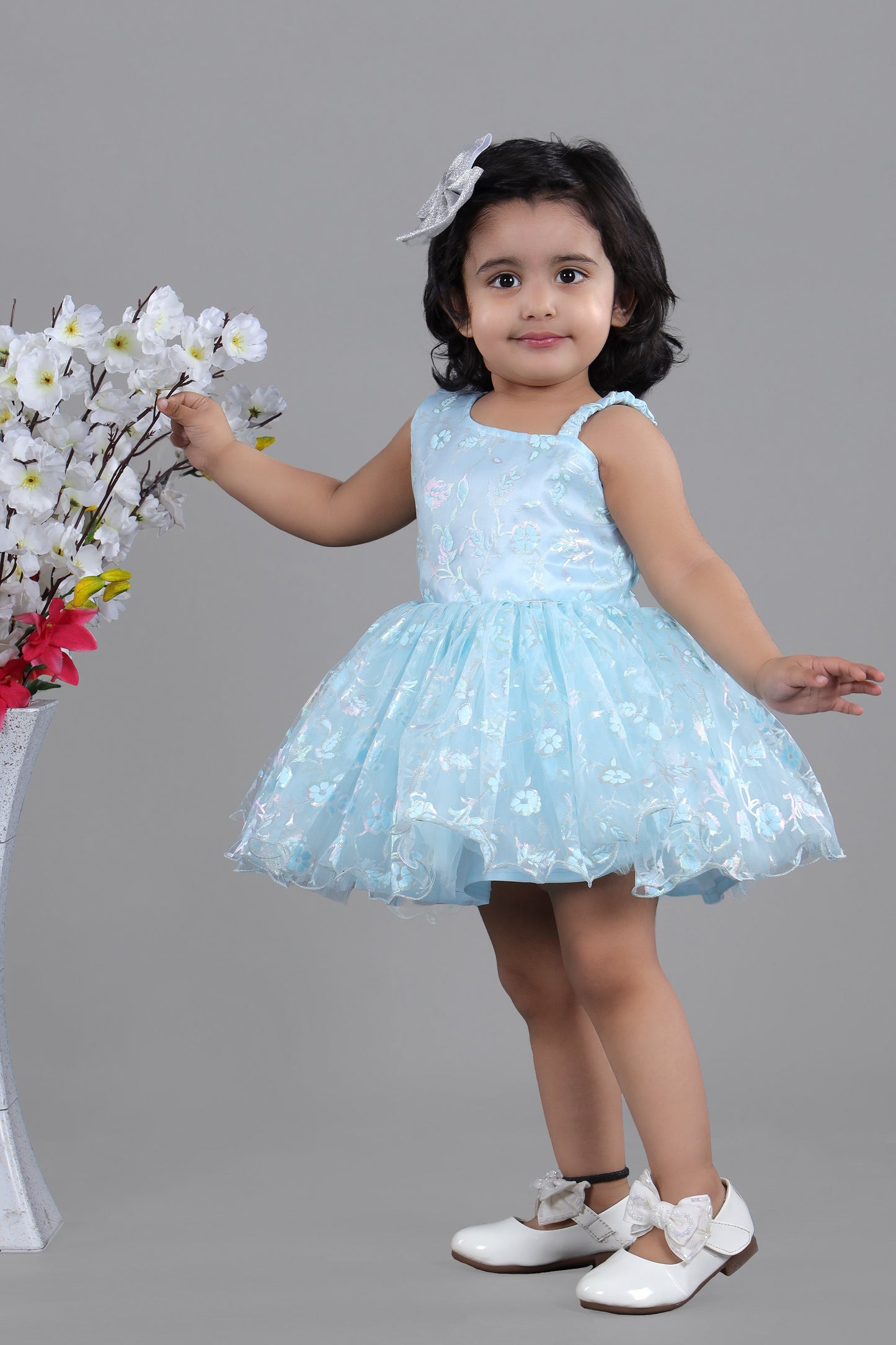 Sky blue frock in one side shoulder style