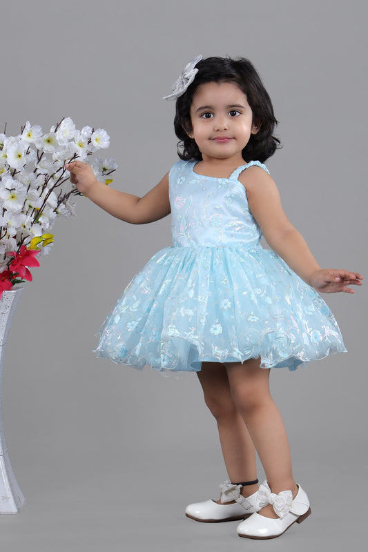 Sky blue frock in one side shoulder style