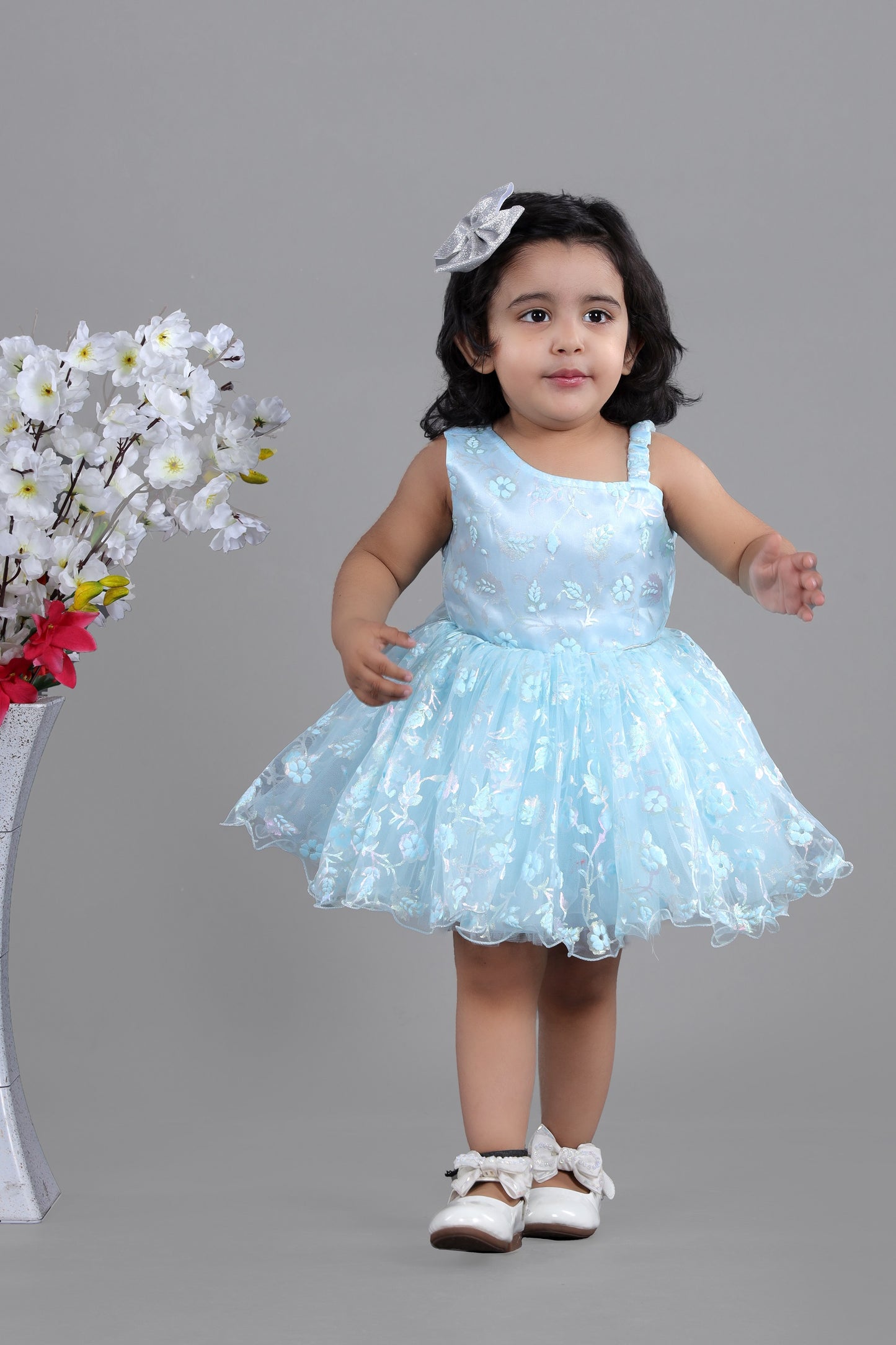 Sky blue frock in one side shoulder style