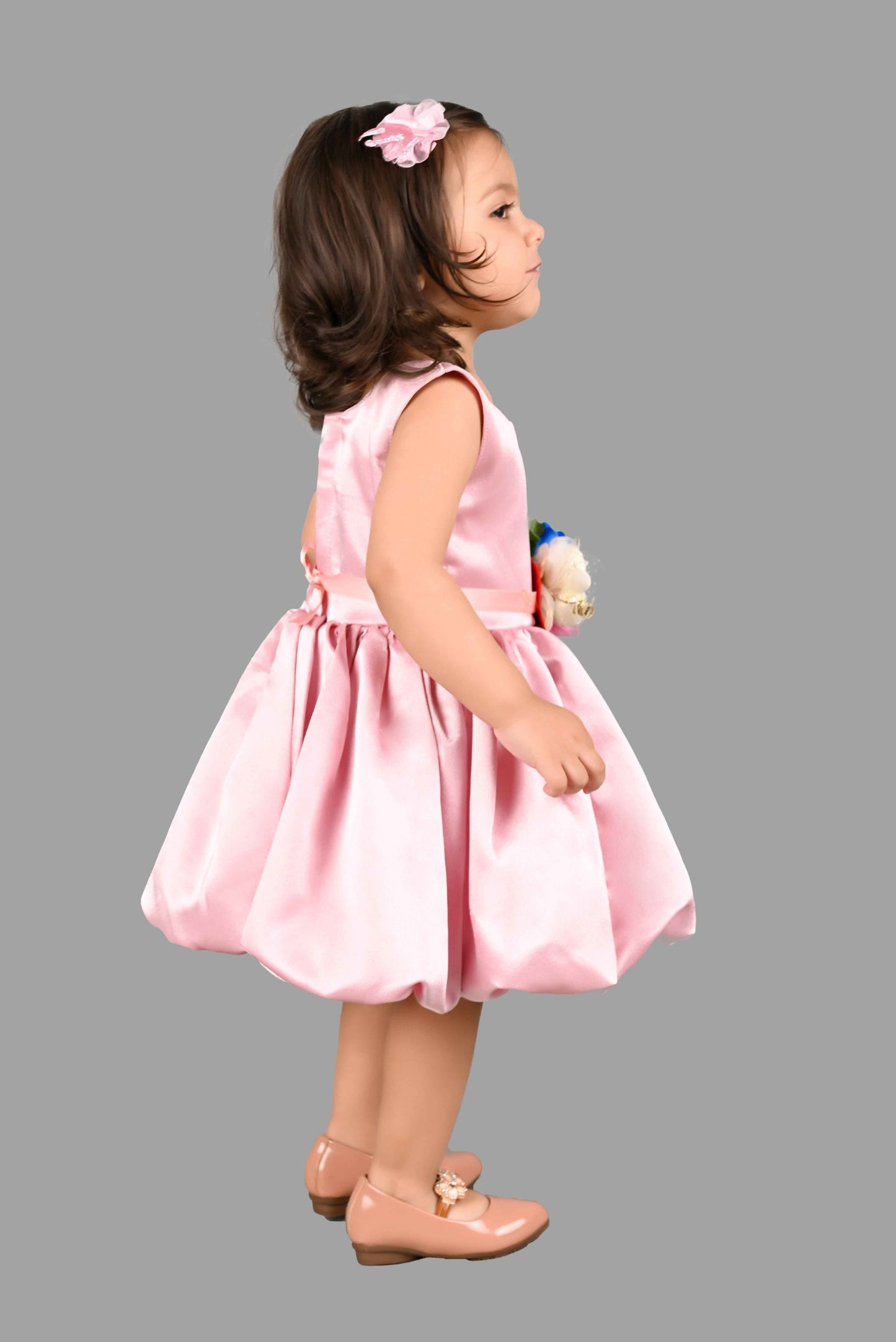 Satin Solid Frock with Detachable Flower Belt (Pink)